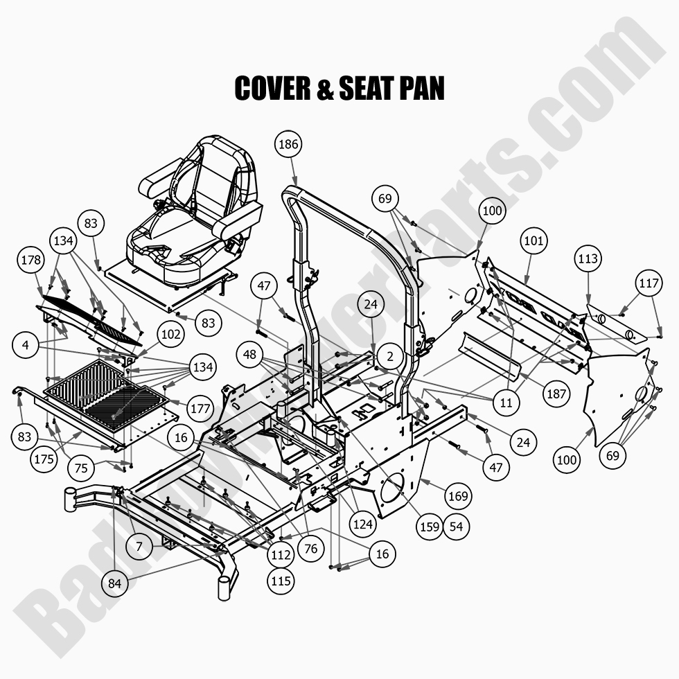 2580 - Bad Boy Mower Parts Lookup > 2021 > Rebel > Cover & Seat Pan